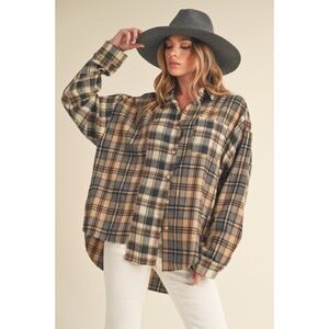Noelle Oat Oversized Flannel Button Patchwork Long Sleeve Shirt
